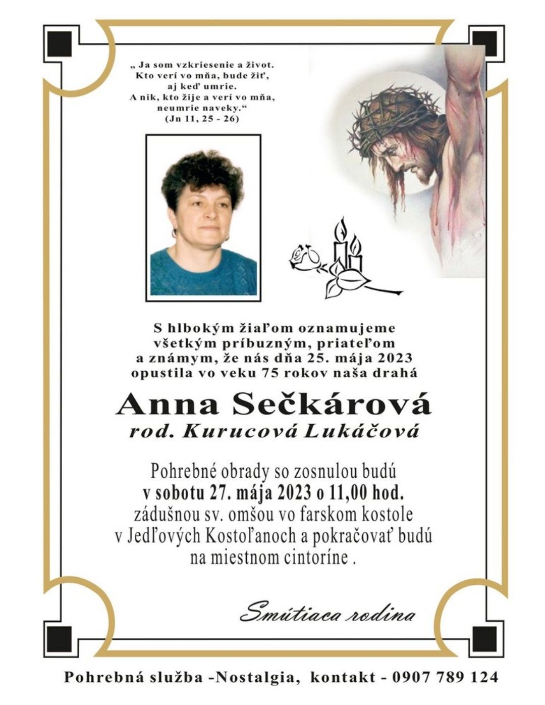 Smútočné oznámenie – Anna Sečkárová