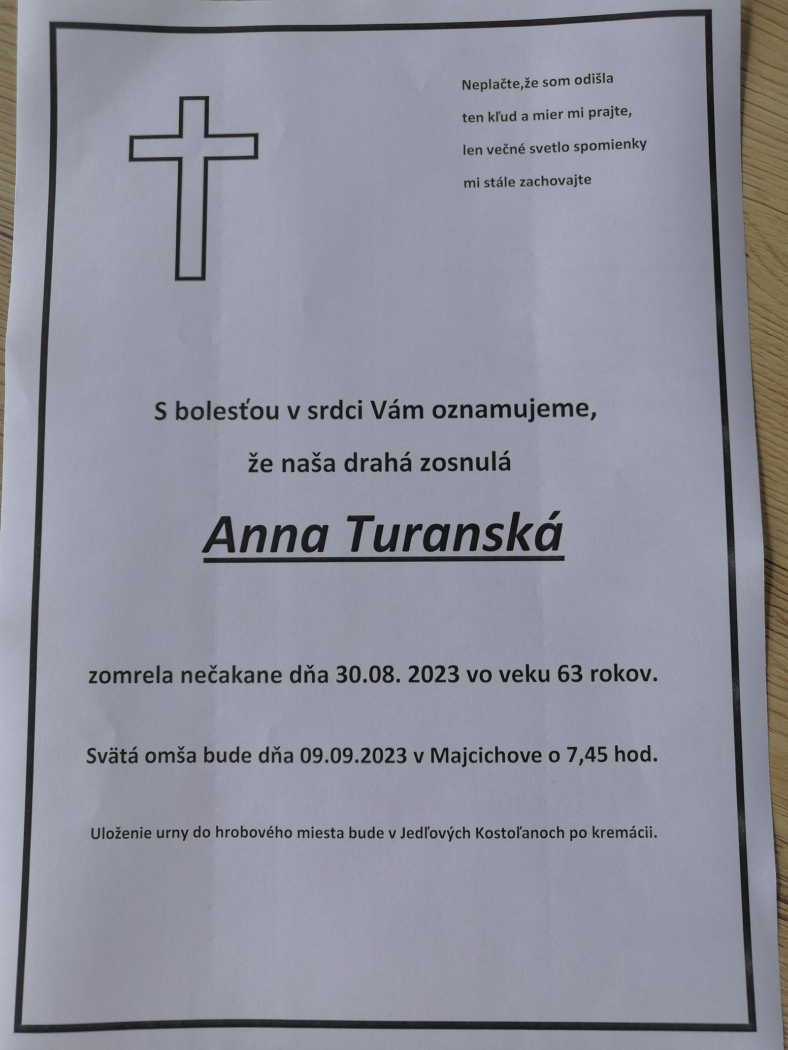 Smútočné oznámenie – Anna Turanská