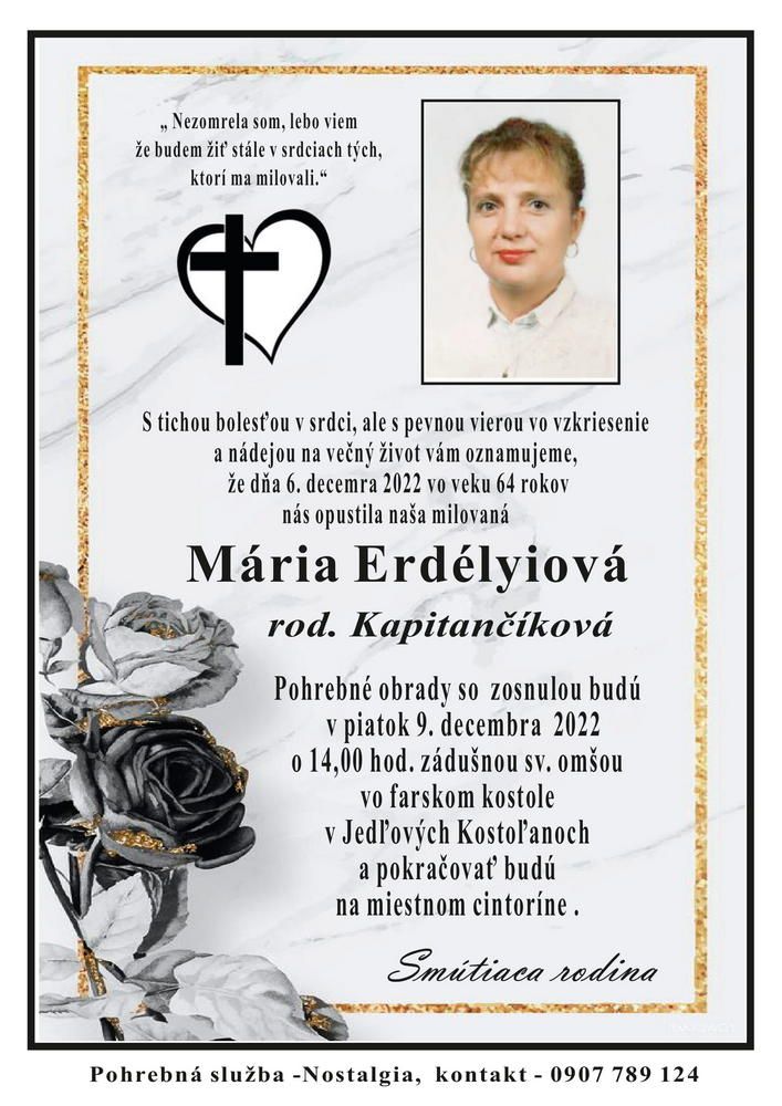 Smútočné oznámenie – Mária Erdélyiová