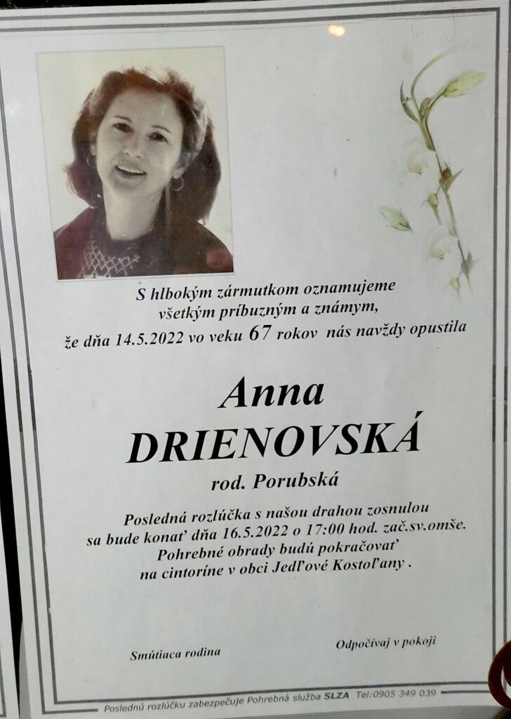 Smútočné oznámenie – Anna Drienovská