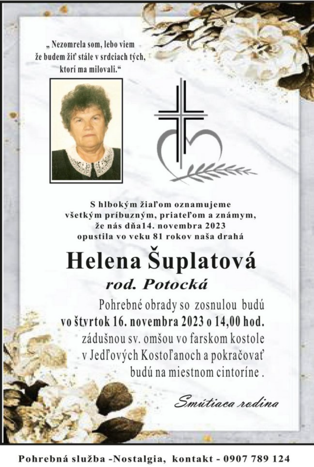 Smútočné oznámenie – Helena Šuplatová