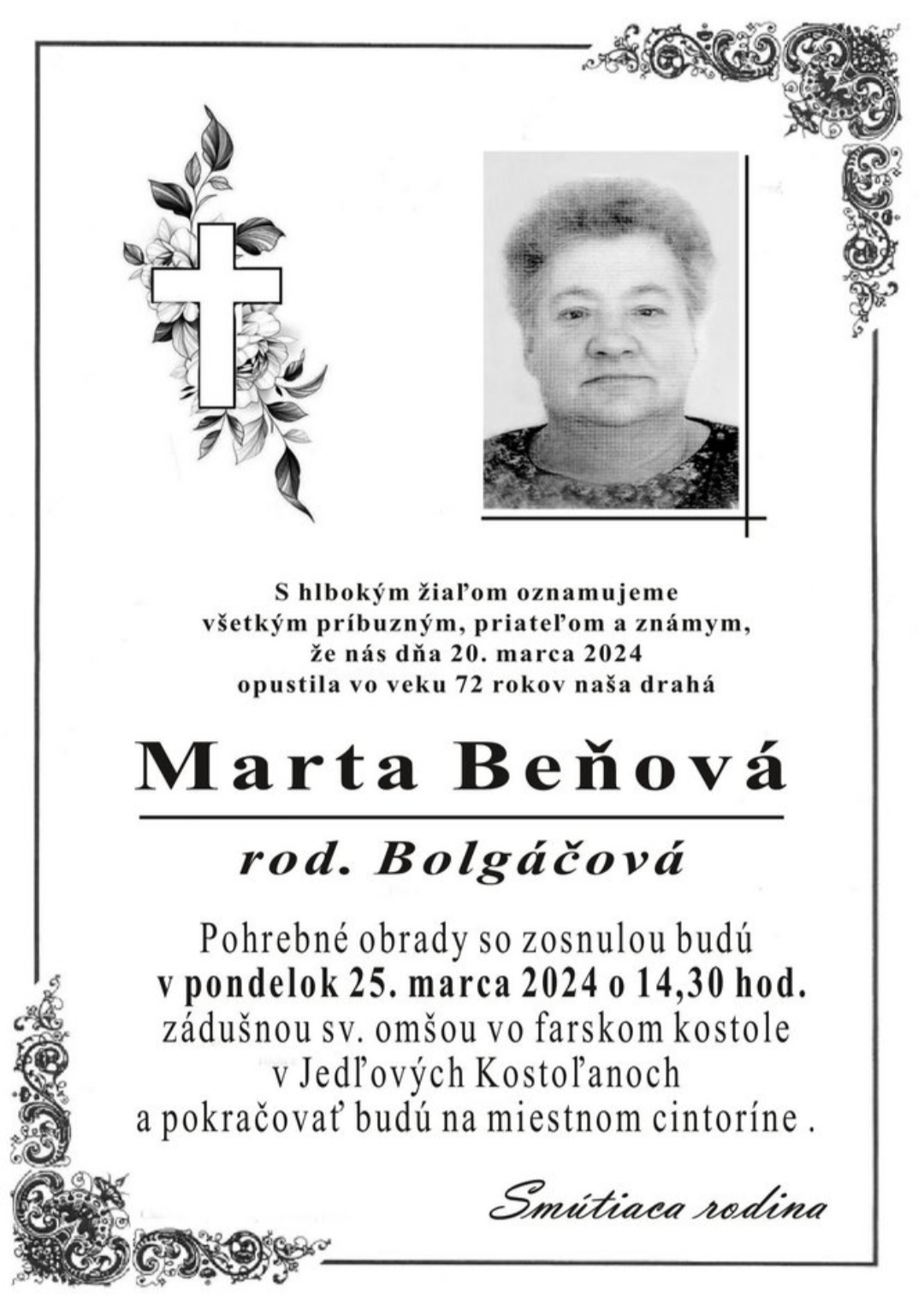 Smútočné oznámenie – Marta Beňová