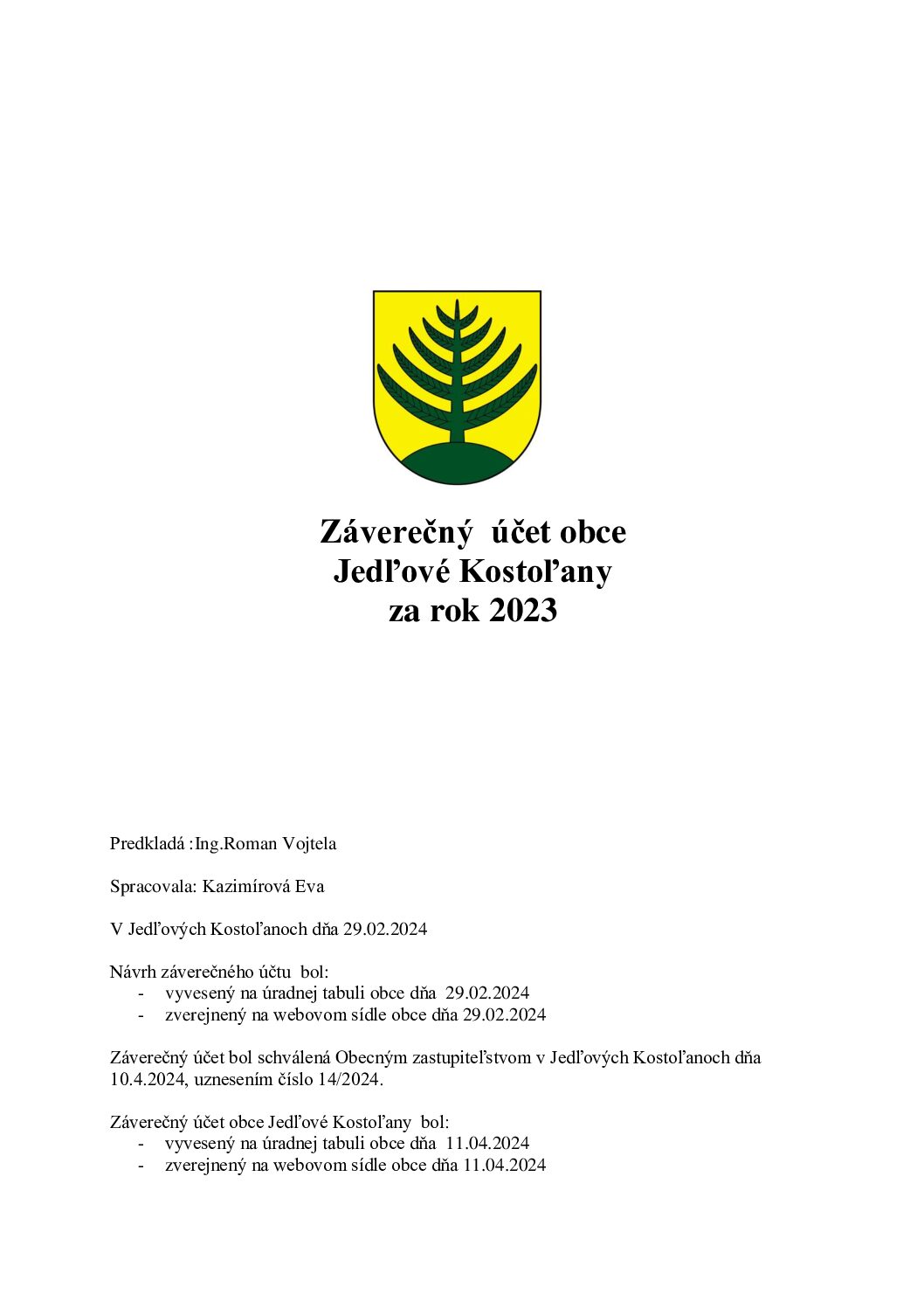 Záverečný účet obce Jedľové Kostoľany za rok 2023