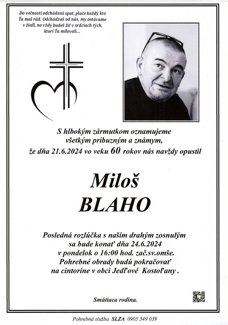 Smútočné oznámenie – Miloš Blaho