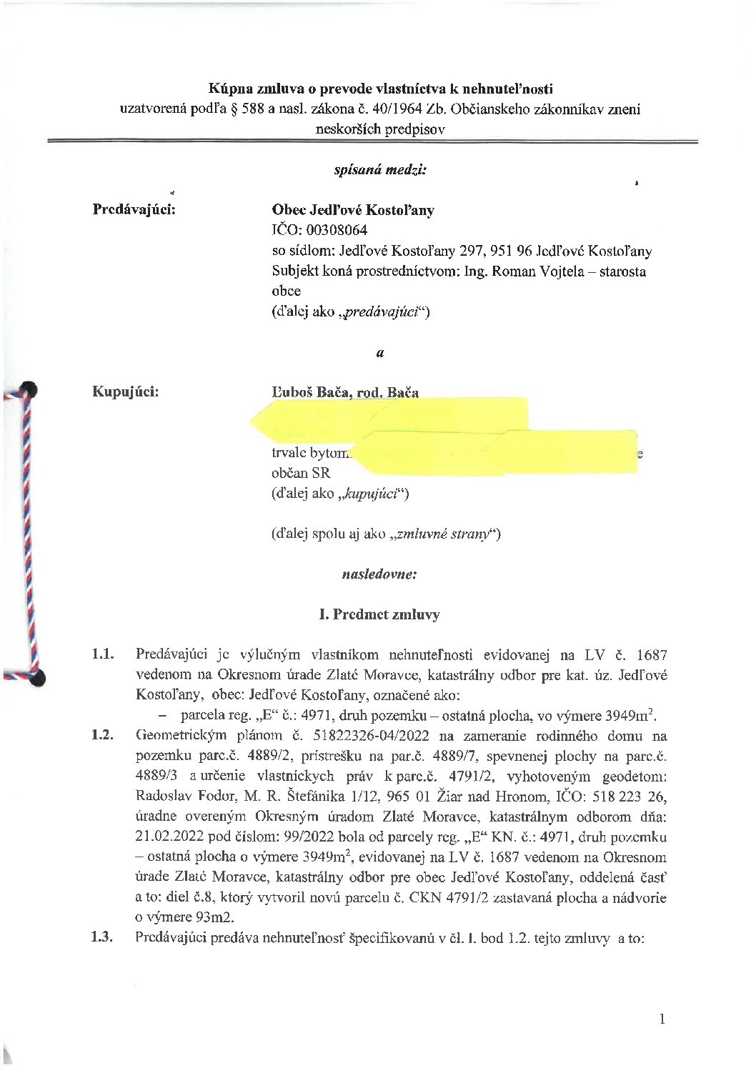 Kúpna zmluva o prevode vlastníctva k nehnuteľnosti (Ľ. Bača)