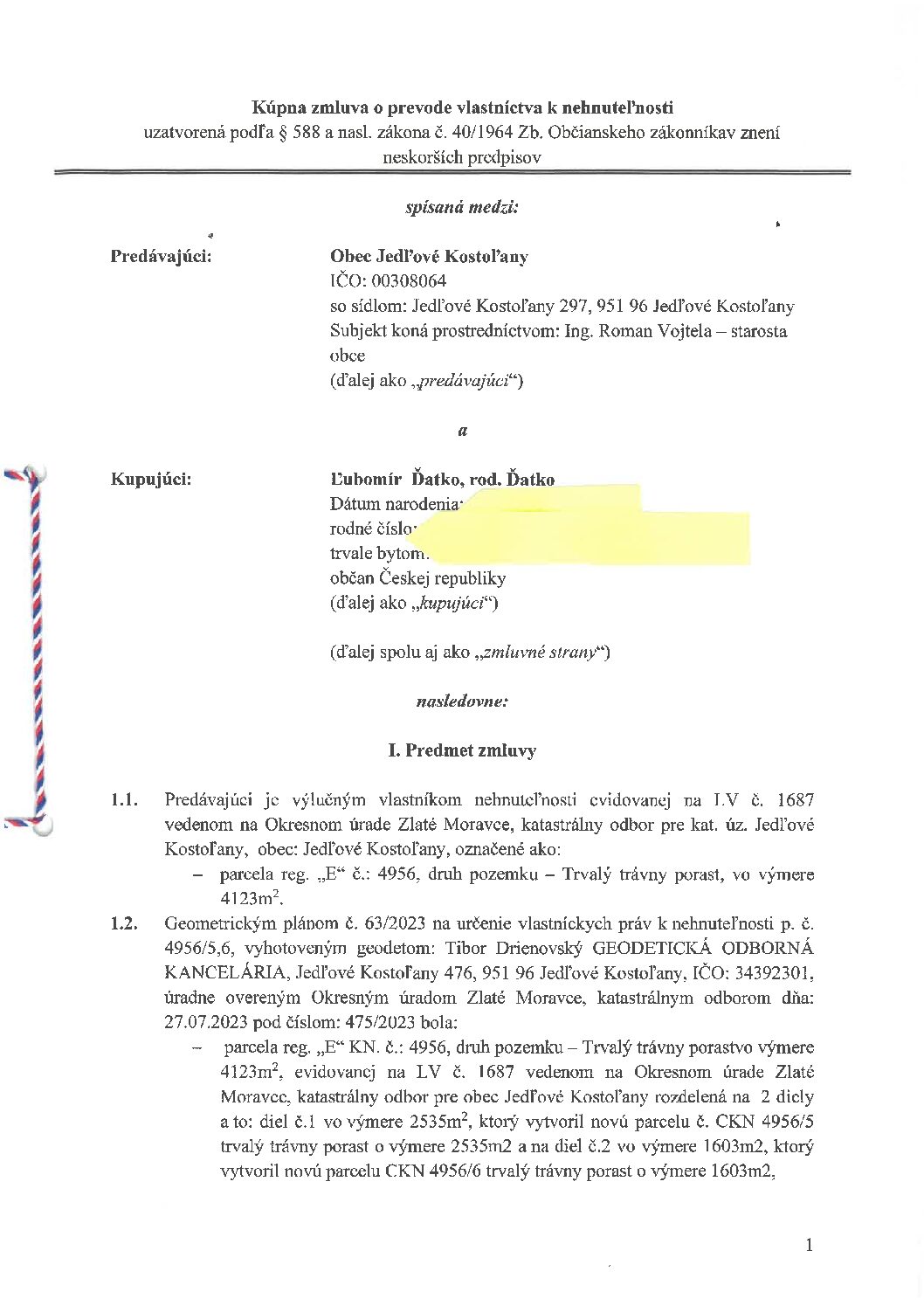 Kúpna zmluva o prevode vlastníctva k nehnuteľnosti (Ľ. Ďatko)