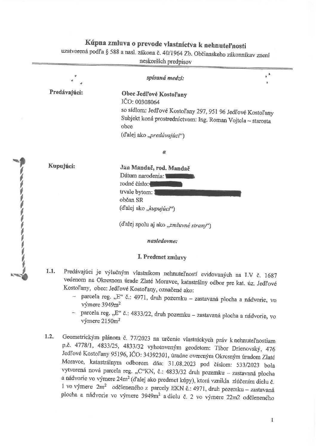 Kúpna zmluva o prevode vlastníctva k nehnuteľnosti (J. Mandač)