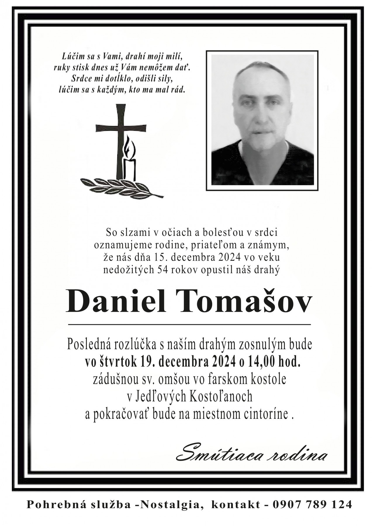 Smútočné oznámenie – Daniel Tomašov