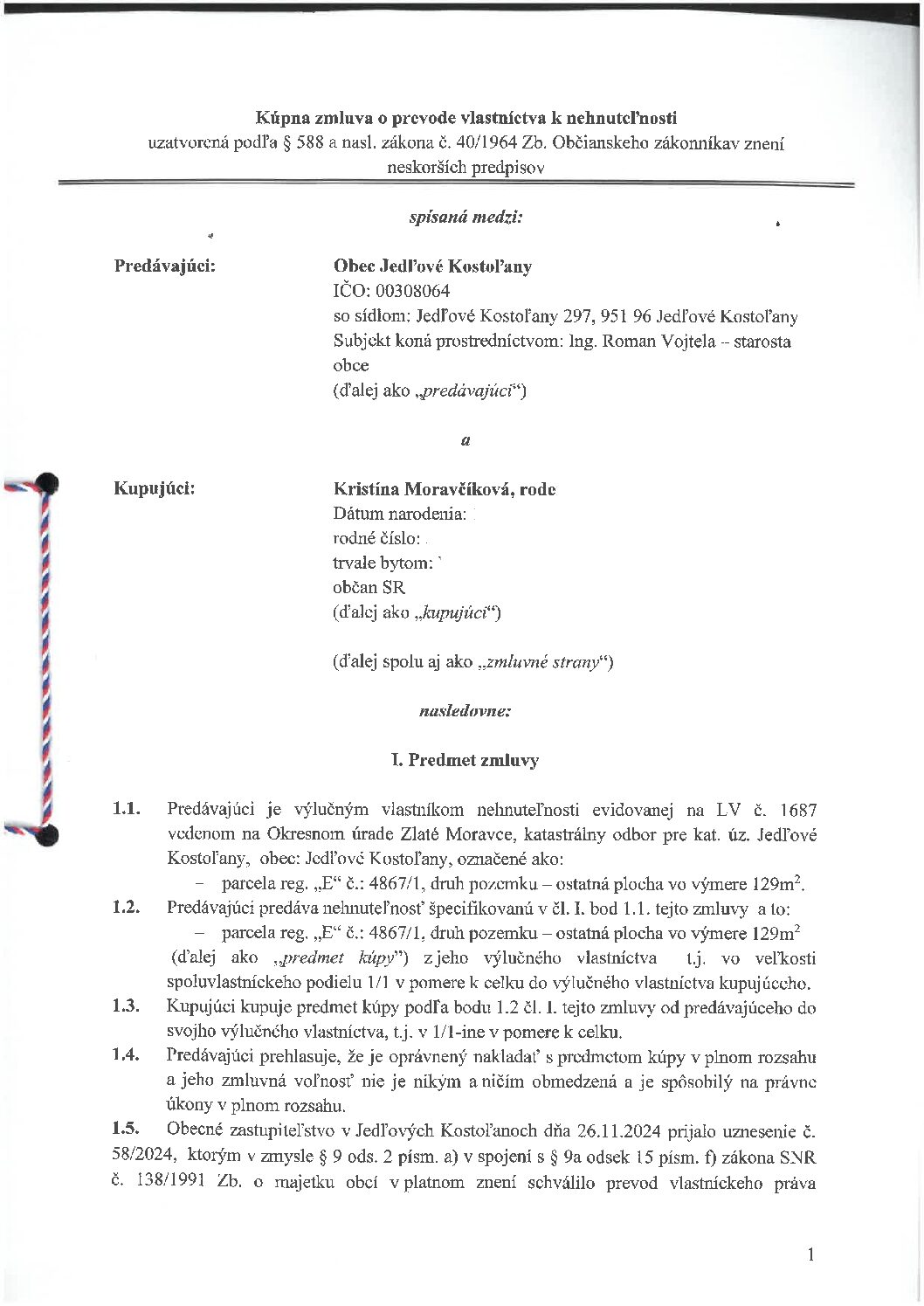 Kúpna zmluva o prevode vlastníctva k nehnuteľnosti (K. Moravčíková)