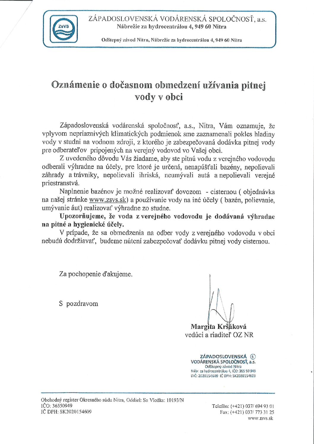 Oznámenie o dočasnom obmedzení užívania pitnej vody v obci