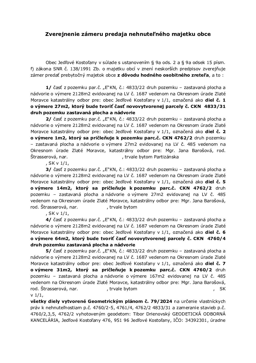 Zverejnenie zámeru predaja pozemku (Barošová)
