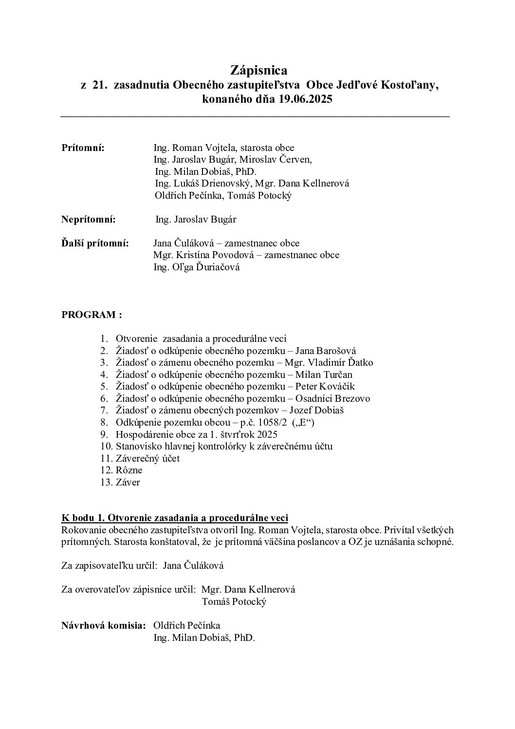 Zápisnica z 21. zasadnutia Obecného zastupiteľstva obce J. Kostoľany