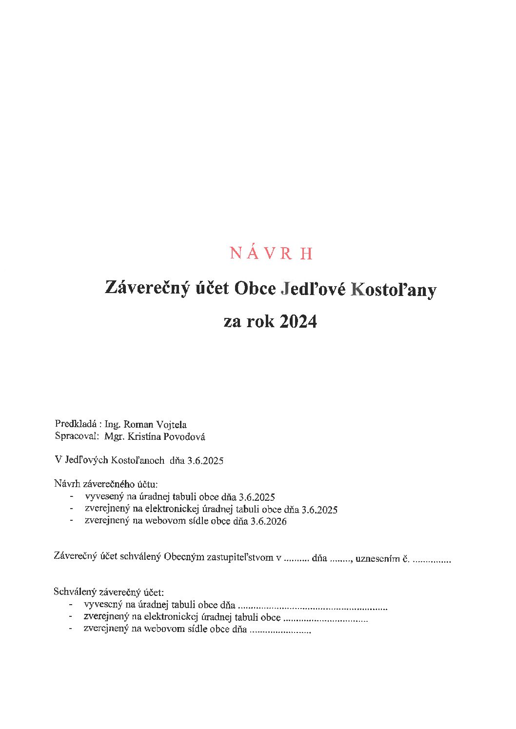 Návrh Záverečného účtu obce Jedľové Kostoľany za rok 2024