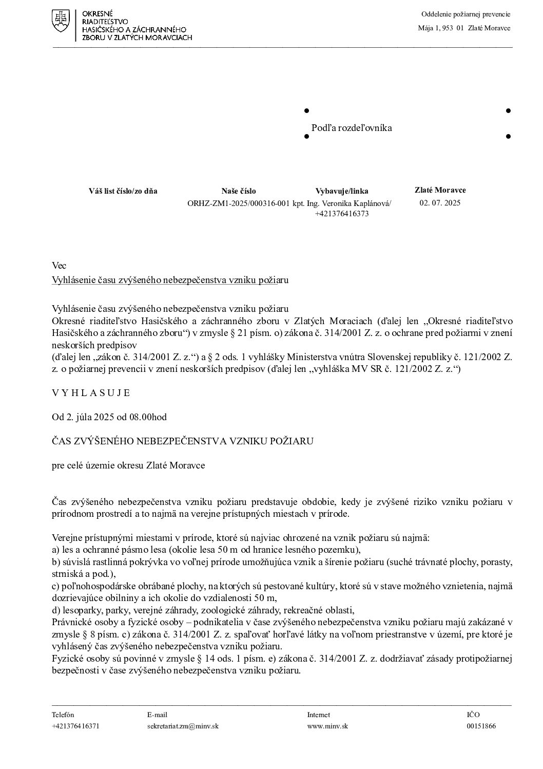 Vyhlásenie času zvýšeného nebezpečenstva vzniku požiaru