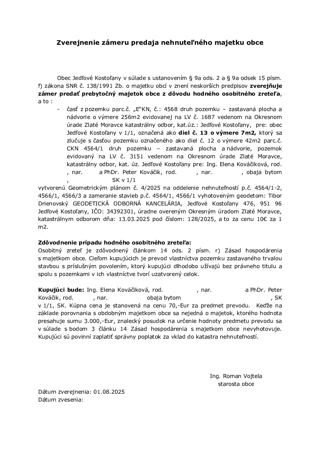 Zverejnenie zámeru predaja pozemku (Kováčikovci)