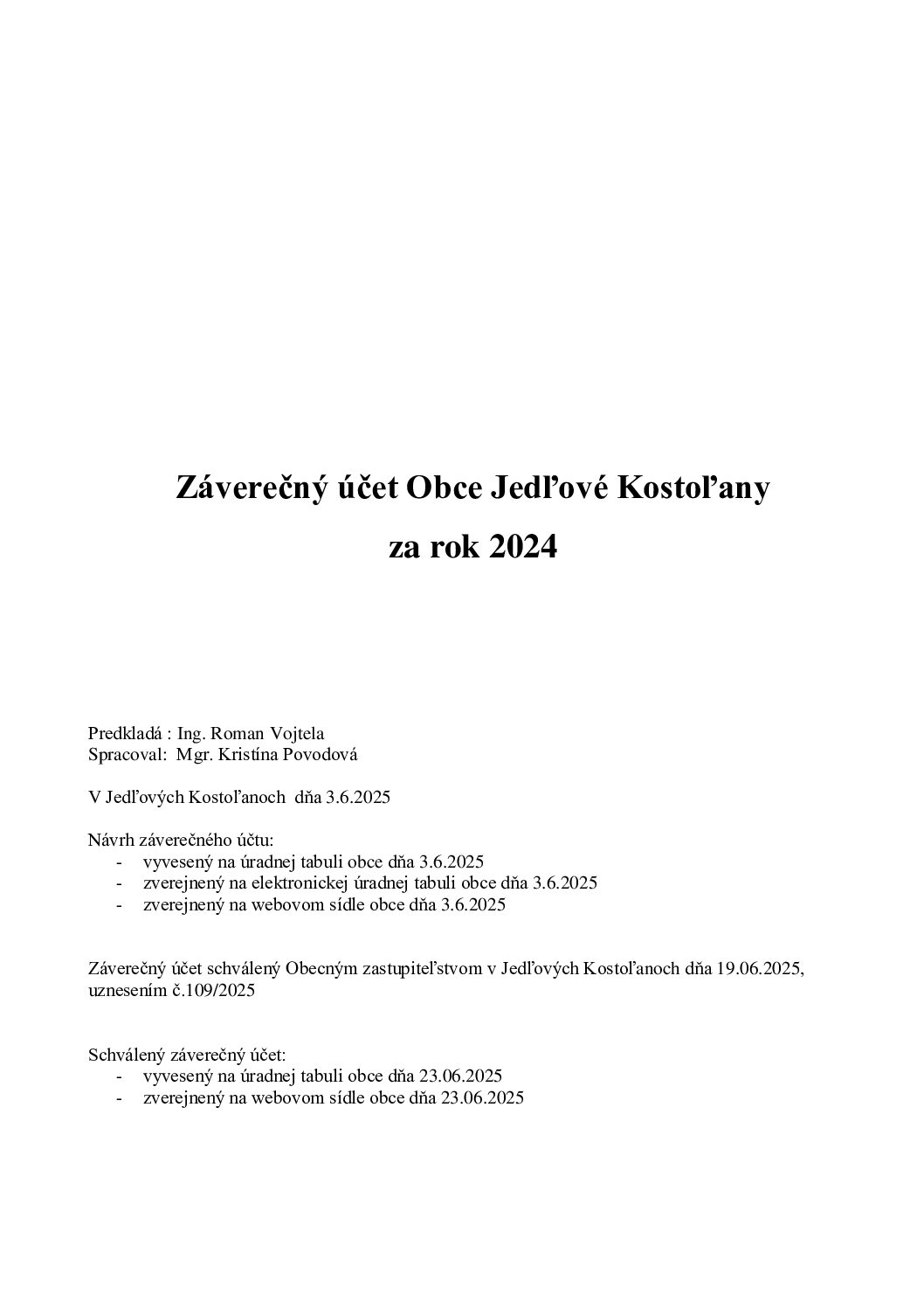 Záverečný účet obce Jedľové Kostoľany za rok 2024