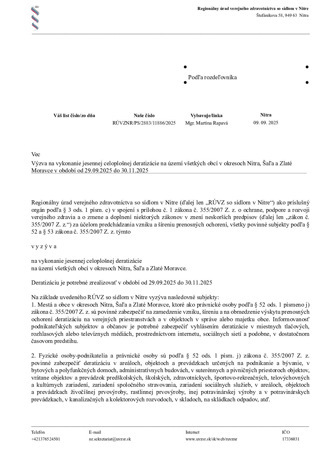 Výzva na vykonanie jesennej celoplošnej deratizácie na území všetkých obcí v okresoch Nitra, Šaľa a Zlaté Moravce