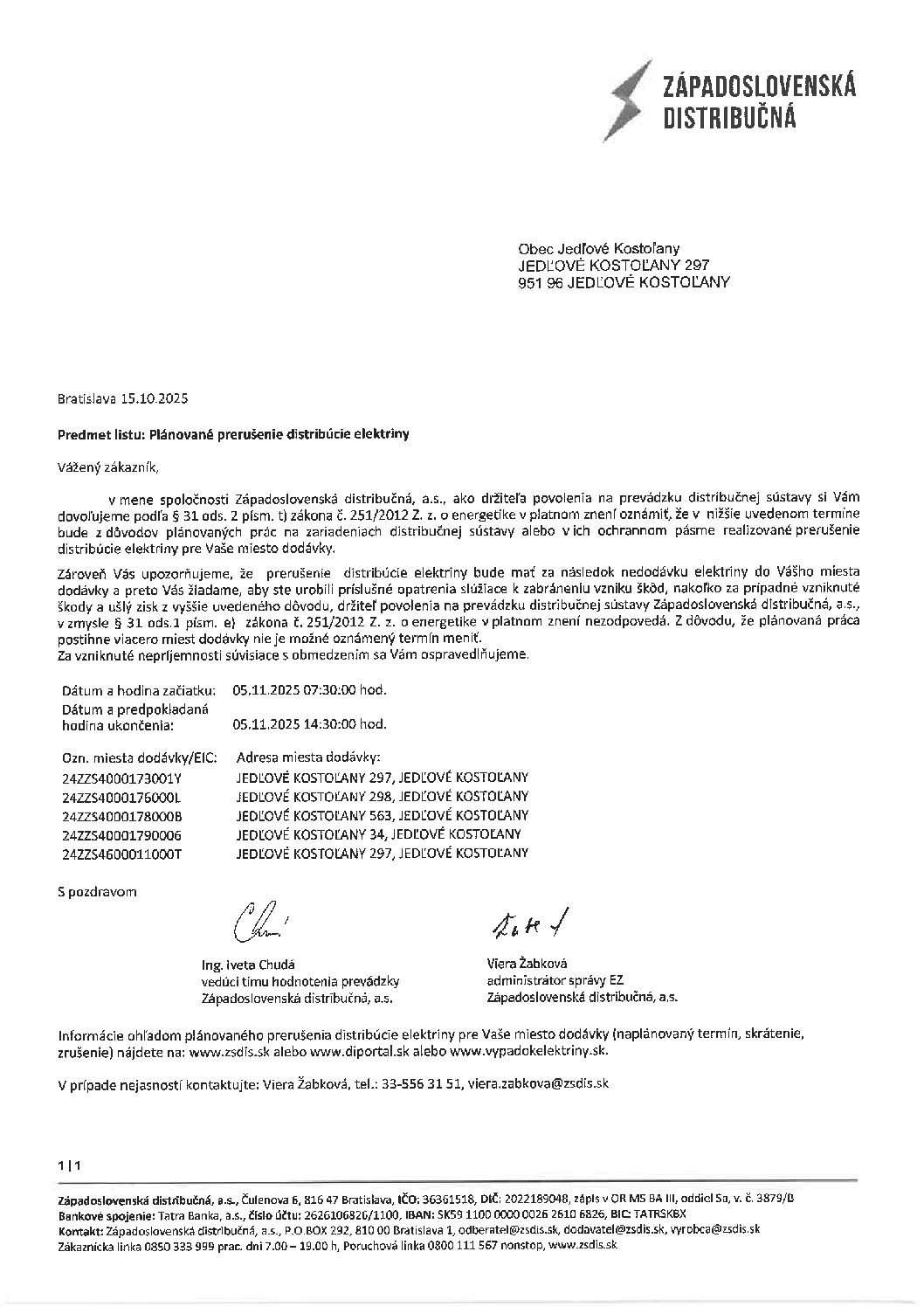 Plánované prerušenie distribúcie elektriny