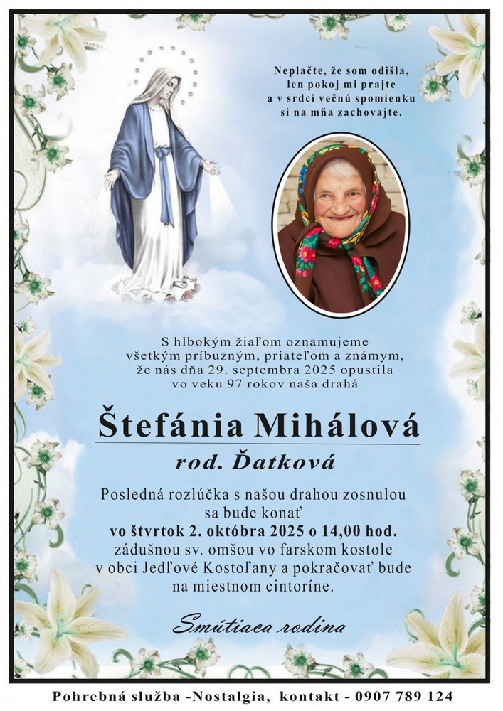 Smútočné oznámenie – Štefánia Mihálová