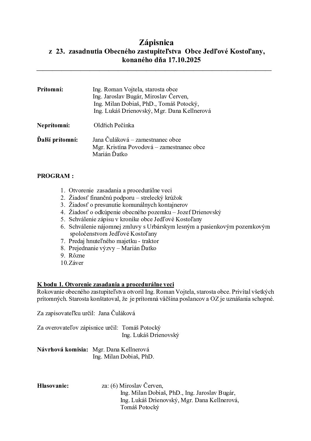 Zápisnica z 23. zasadnutia Obecného zastupiteľstva obce Jedľové Kostoľany