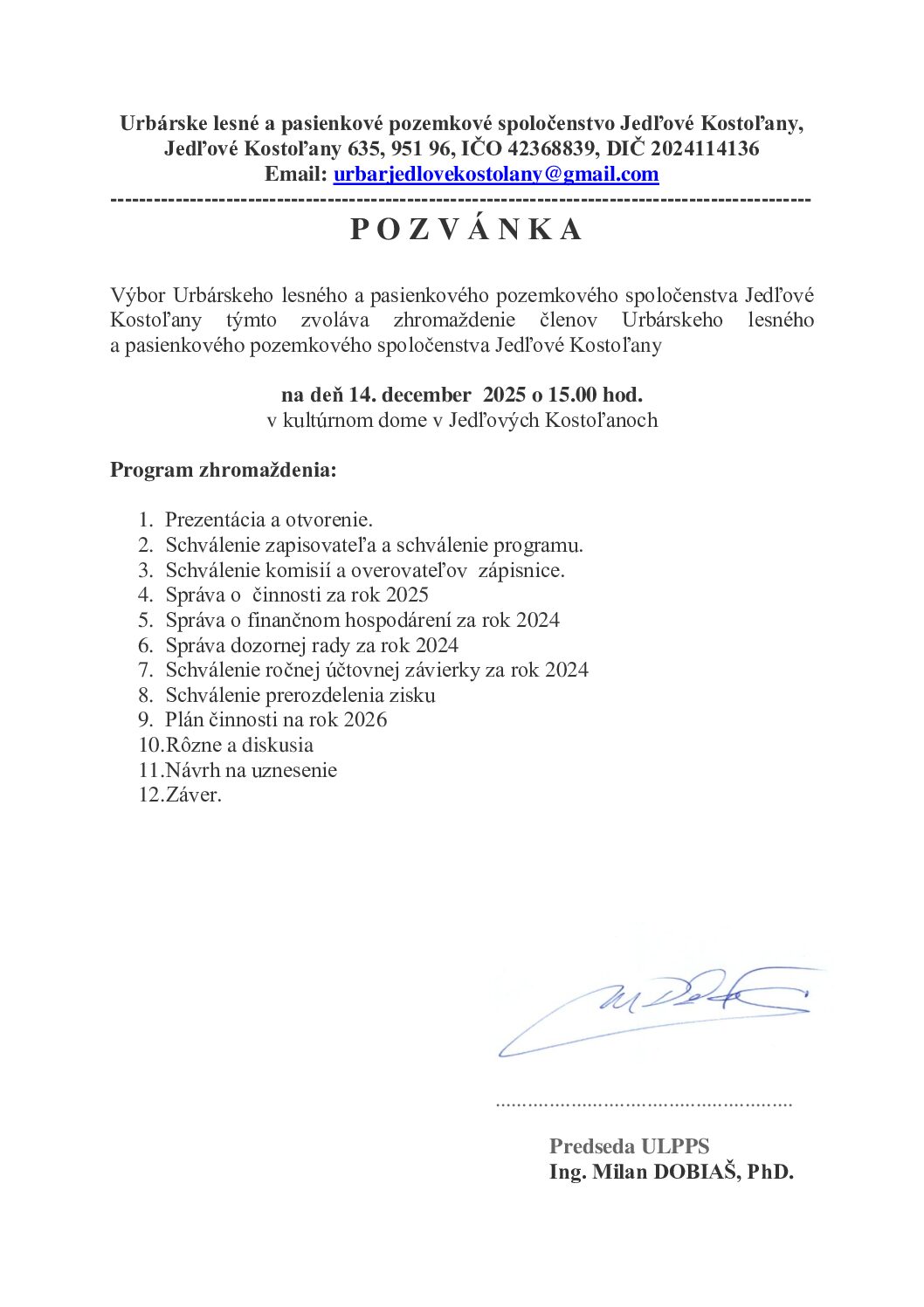 Pozvánka na zhromaždenie členov Urbárskeho lesného a pasienkového pozemkového spoločenstva