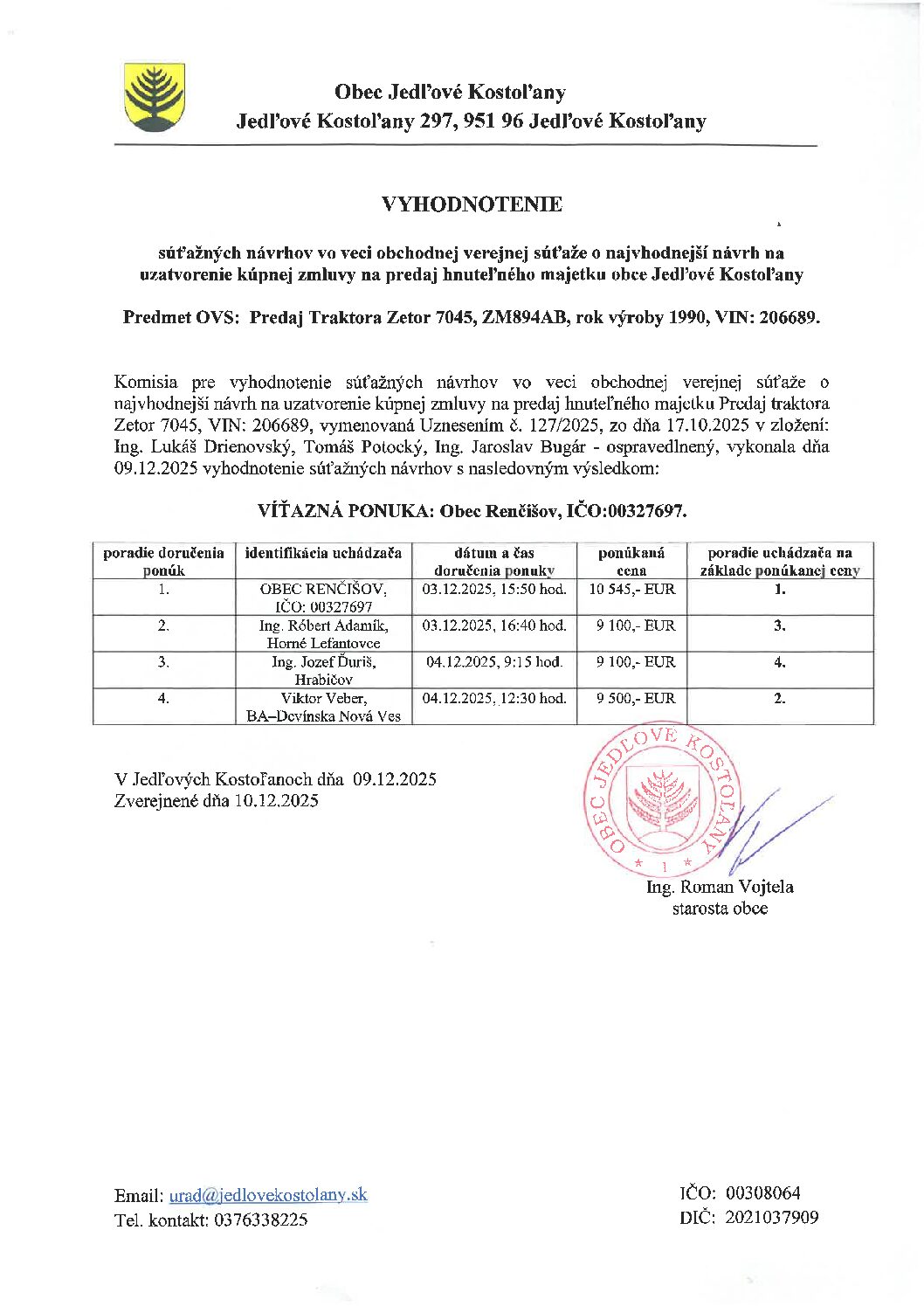 Obchodná verejná súťaž na predaj hnuteľného majetku obce – traktor