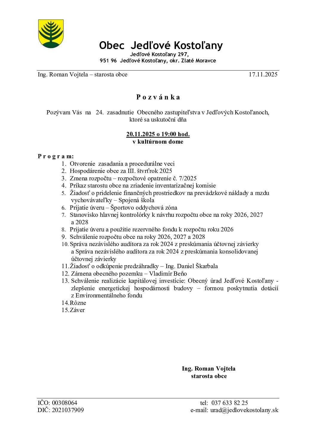 Pozvánka na 24. zasadnutie Obecného zastupiteľstva obce Jedľové Kostoľany