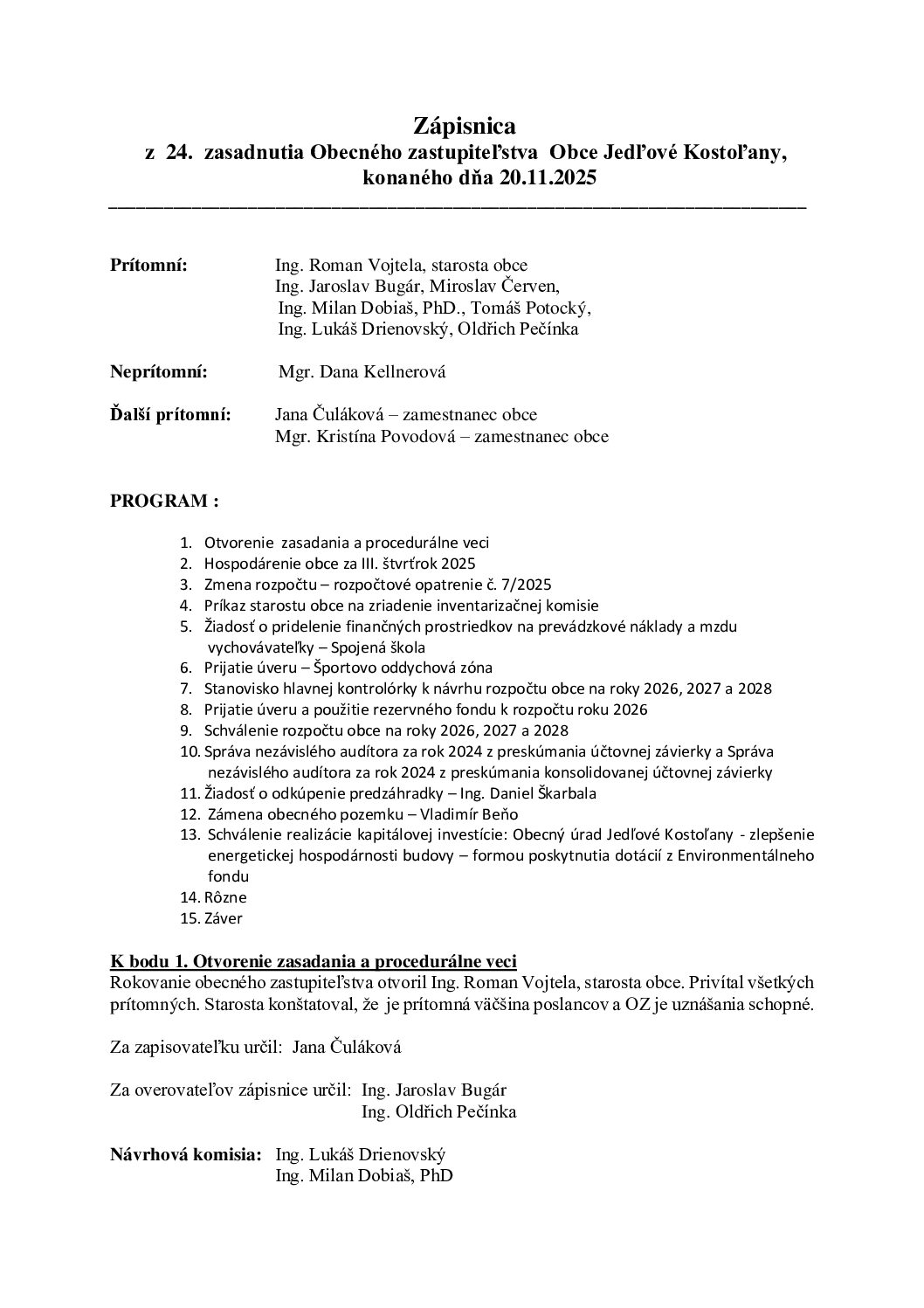 Zápisnica z 24. zasadnutia Obecného zastupiteľstva obce Jedľové Kostoľany