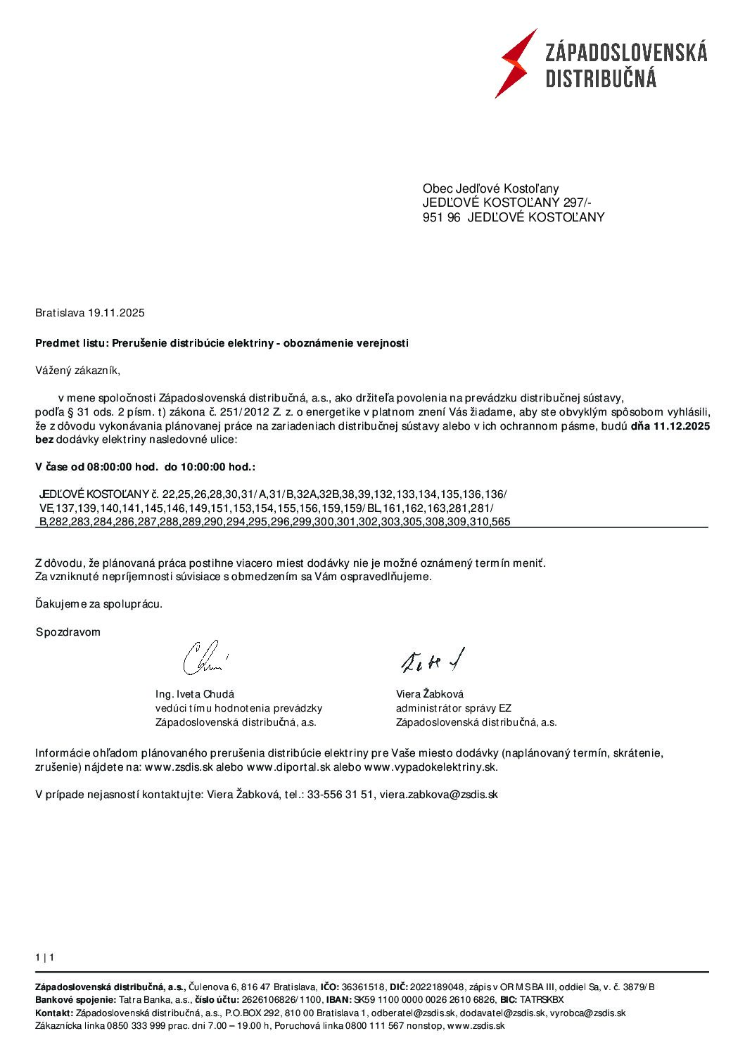 Plánované prerušenie distribúcie elektriny