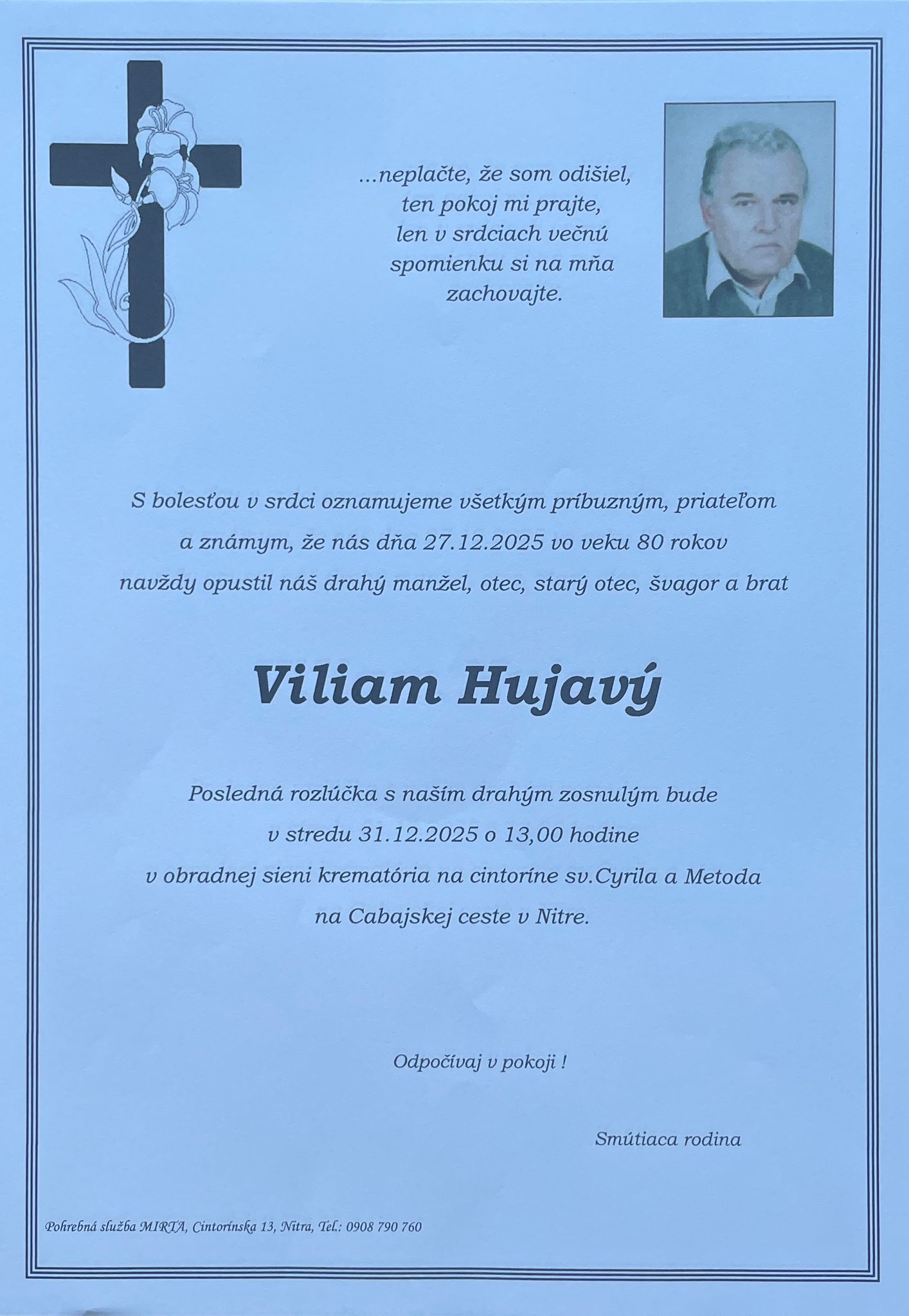 Smútočné oznámenie – Viliam Hujavý