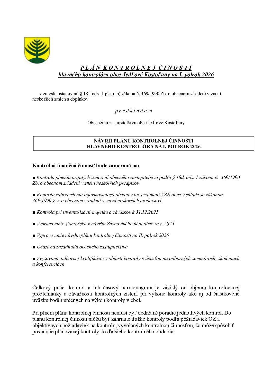 Návrh plánu kontrolnej činnosti hlavného kontrolóra obce na 1. polrok 2026