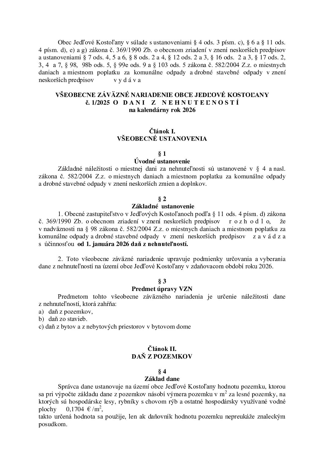 VZN č. 1/2025 o dani z nehnuteľností na rok 2026