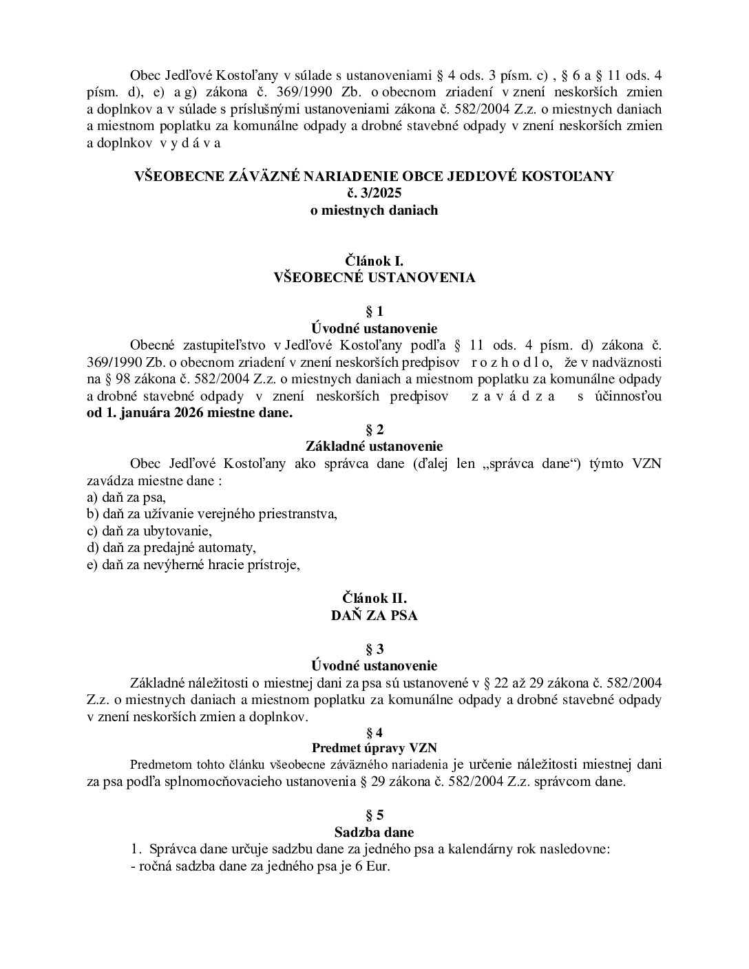 VZN č. 3/2025 o miestnych daniach na rok 2026