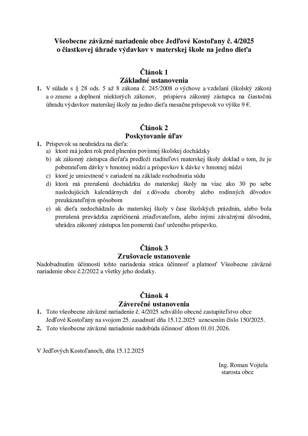 VZN č. 4/2025 o čiastkovej úhrade výdavkov v materskej škole na jedno dieťa v roku 2026