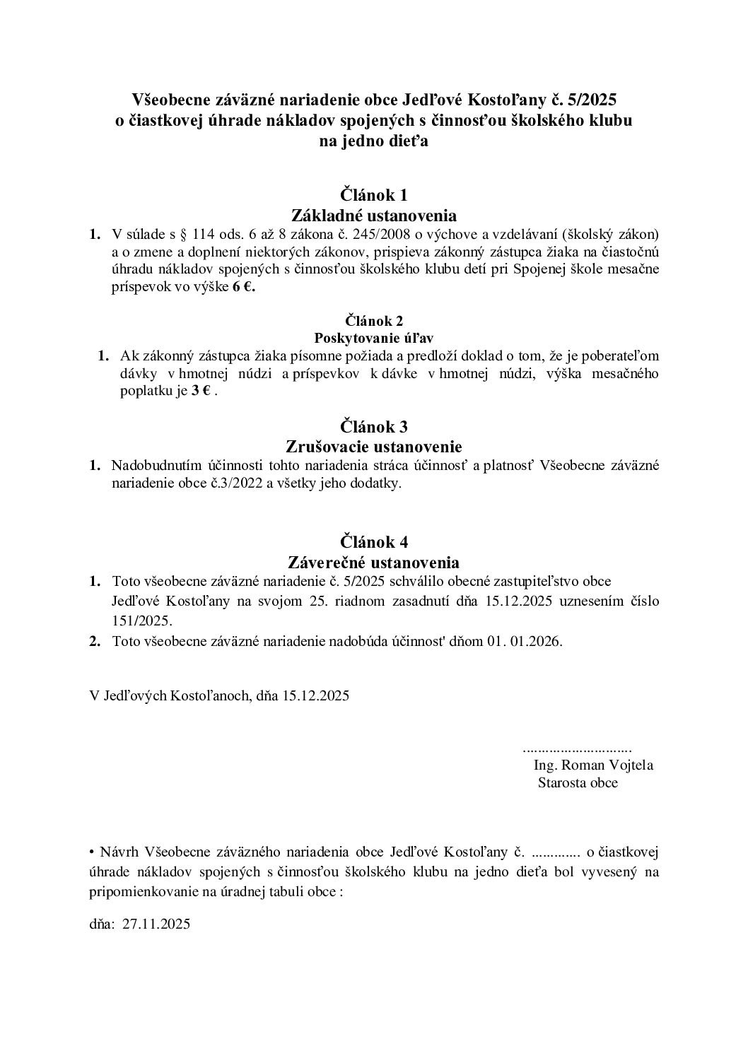 VZN č. 5/2025 o čiastkovej úhrade nákladov spojených s činnosťou školského klubu na jedno dieťa