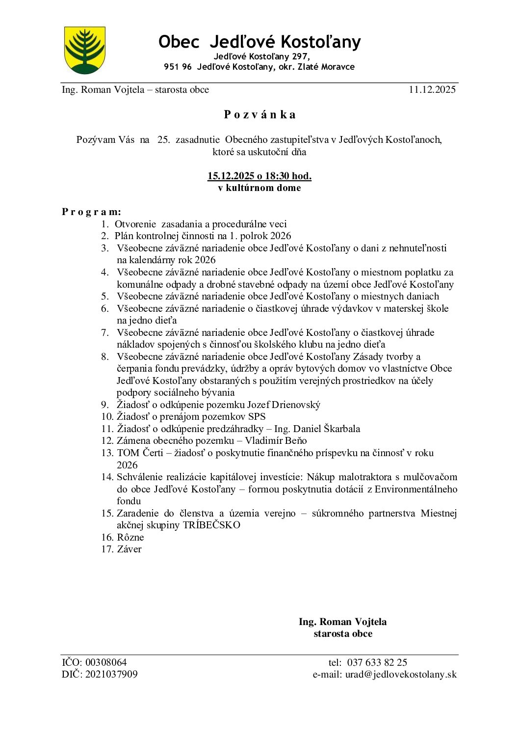 Pozvánka na 25. zasadnutie obecného zastupiteľstva