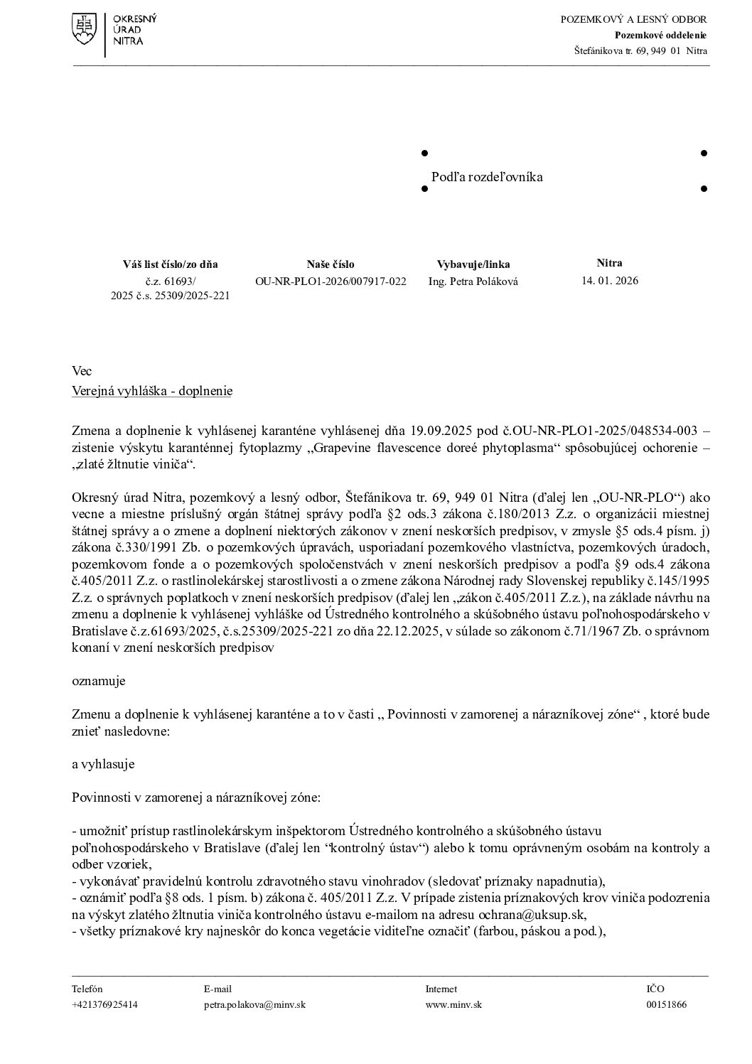 Verejná vyhláška – doplnenie (zlaté žltnutie viniča)