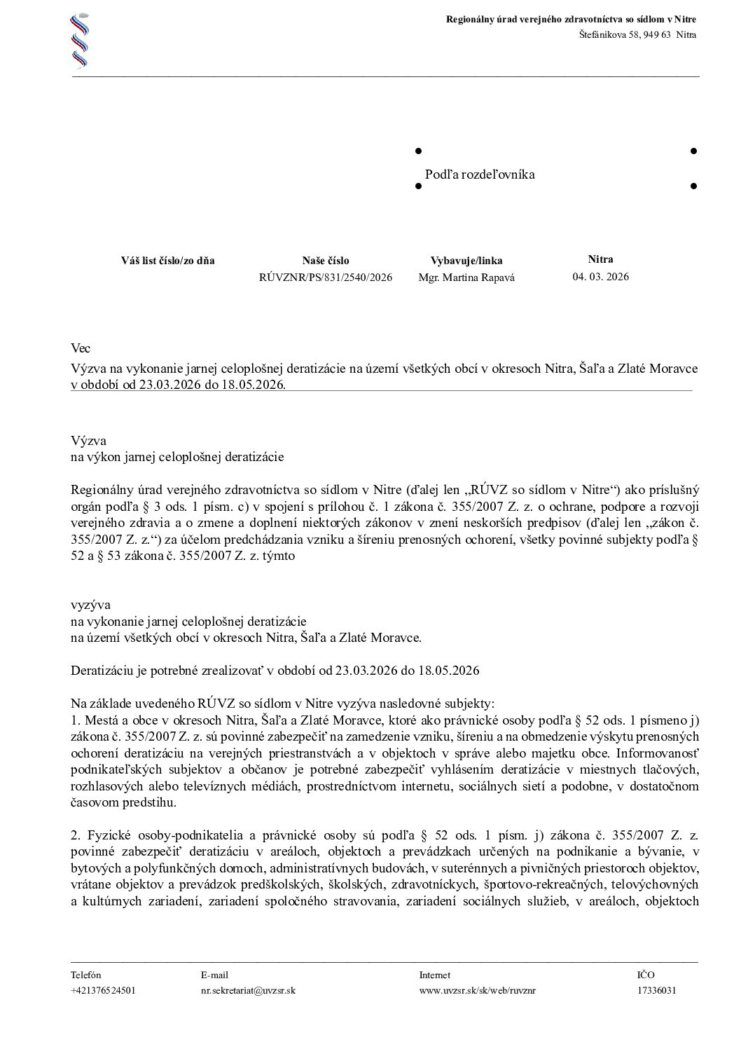 Výzva na vykonanie jarnej celoplošnej deratizácie